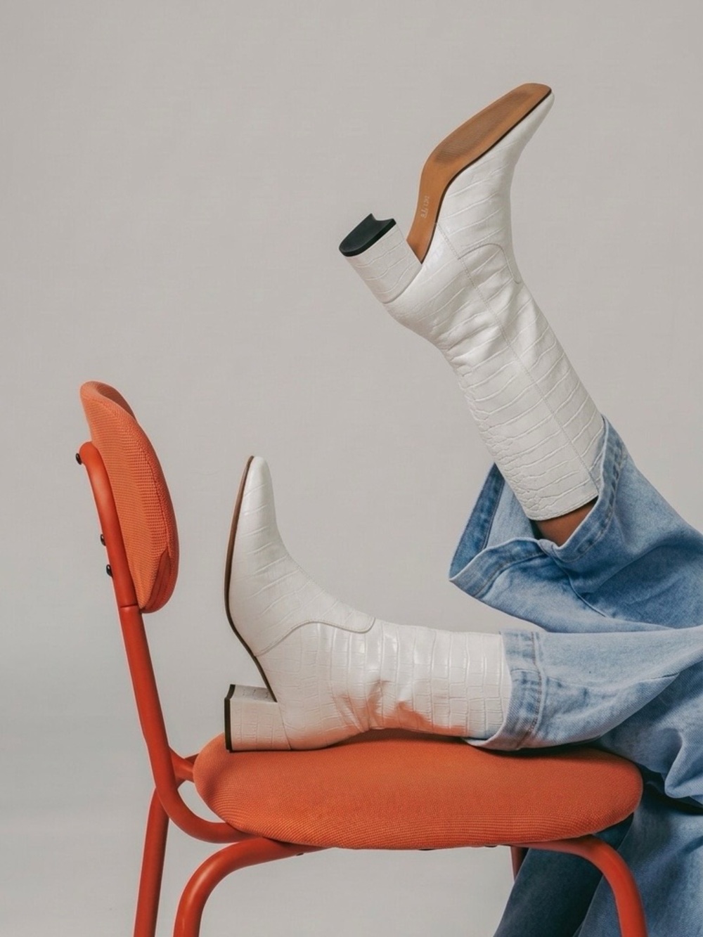 Topshop Leather White Croc-Embossed Mid-Calf Heeled Boots